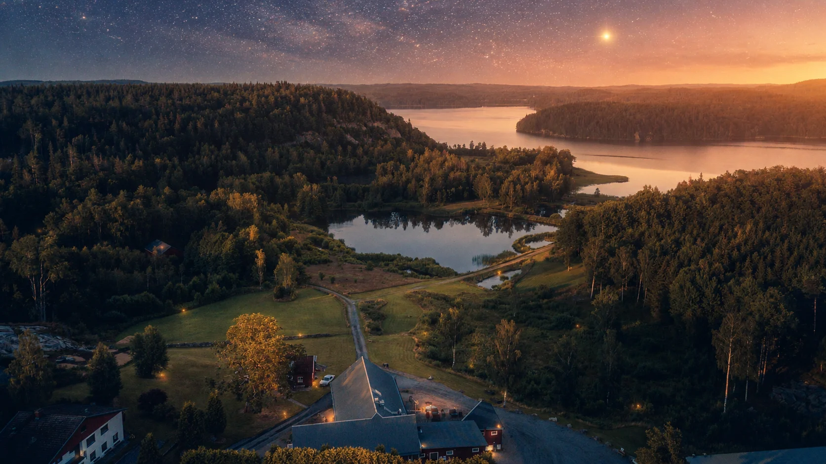 Sju Sjöars gård och sjöar i skymning – The Northern Star