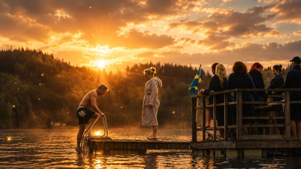 Bad och gemenskap vid bastuflotten på Sju Sjöar