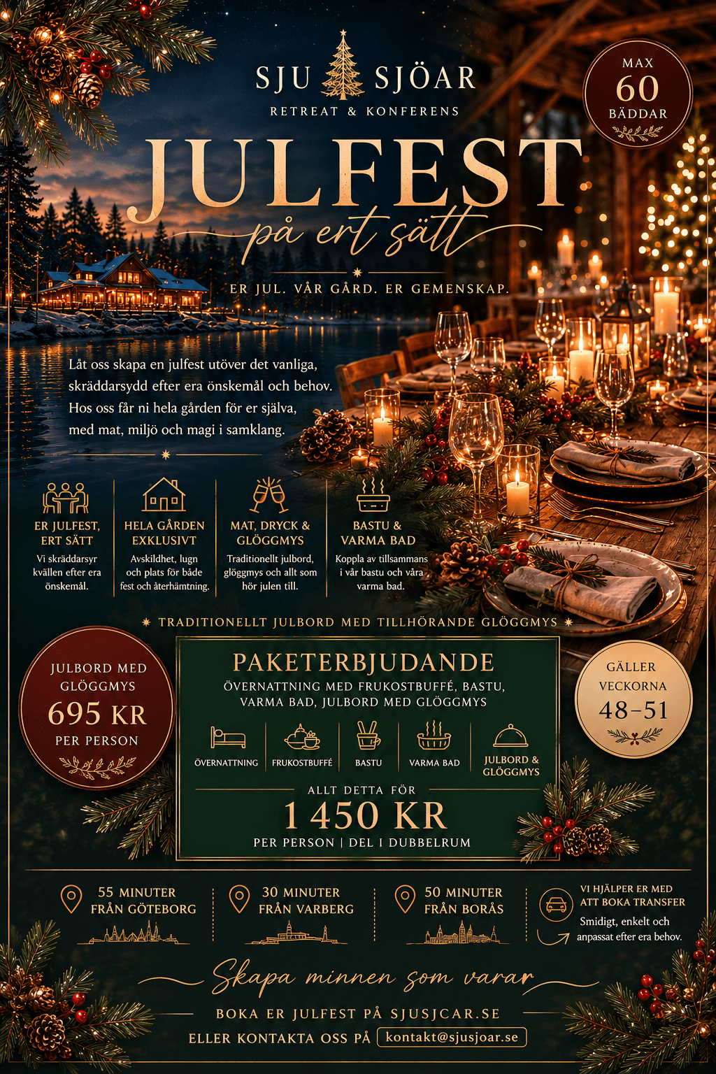 Julfest för företag på Sju Sjöar 2026 – gården exklusivt och paket med övernattning